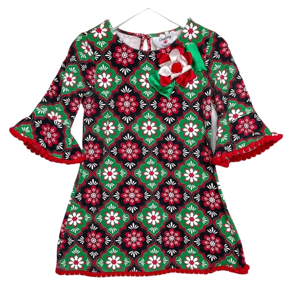 Counting Daisies Floral Printed Red/Green Multi Pom Pom Trim Bell Dress Size 3T